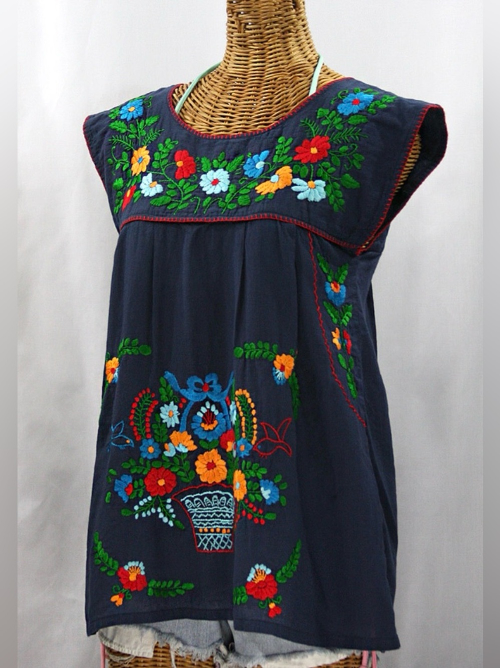 NEW SIREN La Boqueria Navy Blue Mexican Embroidered Floral Top Peasant Blouse M